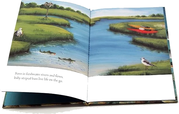A painted spread of a tidal river winding through marsh grass, with a kayak pulled up on the bank and gulls on the shore.